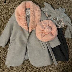 Janie and Jack sweater dress, fur collar pea coat, and hat. 2T